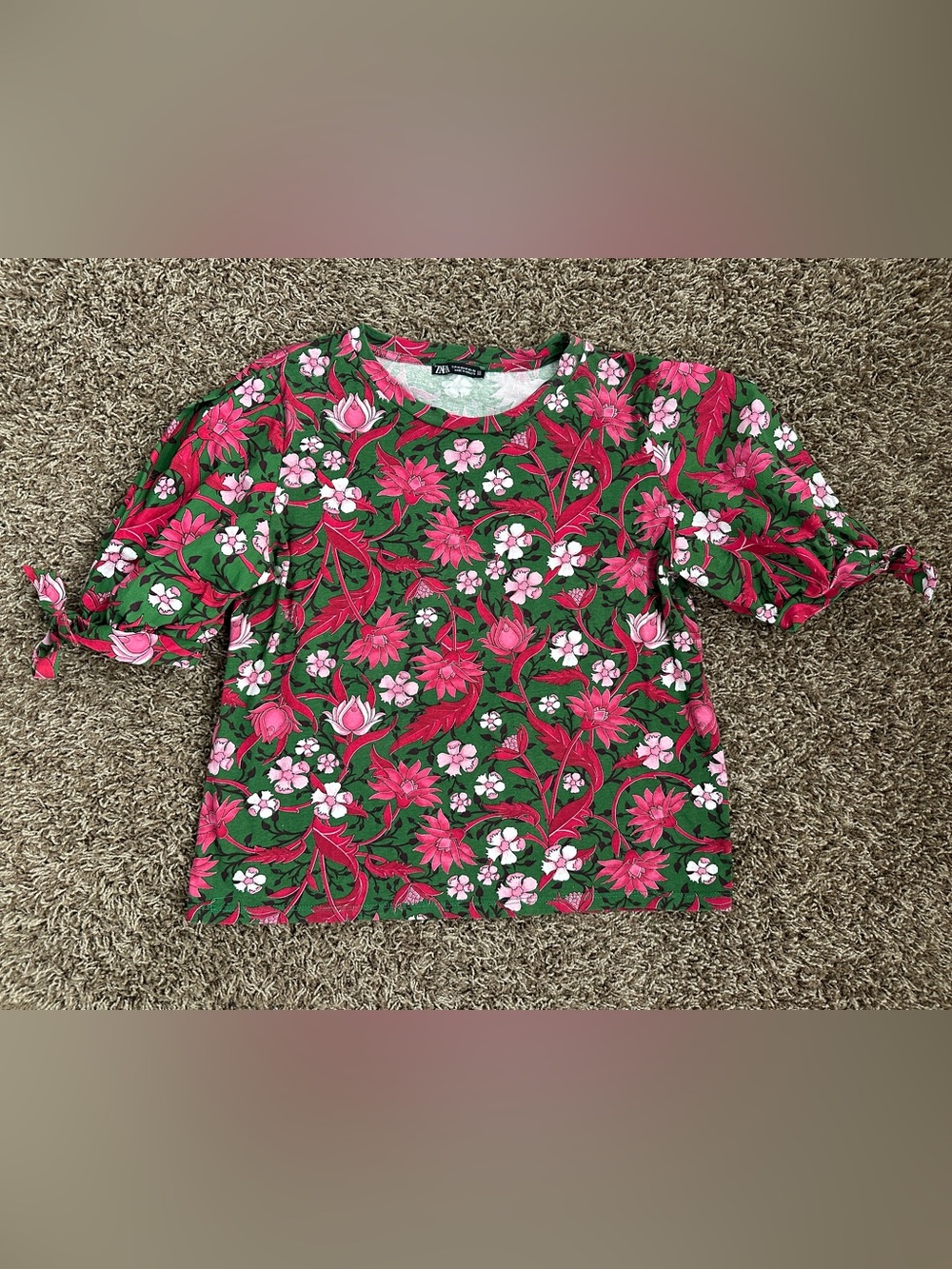 Zara Floral Short Sleeve 100% Cotton Top Size M